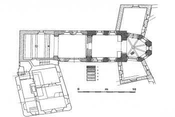 půdorys kostela s kaplankou ( © Jan Sommer (ed.) et al. Varvažov (okres Písek), kaple sv. Kateřiny: poznatky o gotické podobě. Praha: Jalna, 2003)