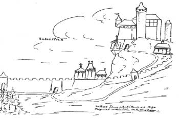 Hrad a město na kresbě Jana z Rabštejna z roku 1470 ( © T. Durdík: Ilustrovaná encyklopedie českých hradů, Libri, Praha 1999)