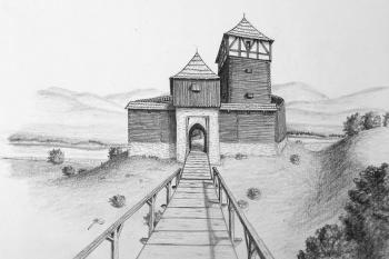 Pohled na možnou podobu tvrze ve středověku (© Šlechtická sídla na Frýdecko - Místecku (J. Tichánek, J. P. Štěpánek a kolektiv, 2006))