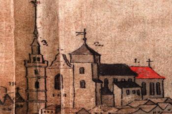 kostel v 18. století (© CEREGHETTI, Josef, Tomáš MALÝ a Tilman BERGER. Historya Chrudimska, w níž se wipisuge počátek Města Chrudimě, gakož také skáza, a zase poznowú wistaweni, a wsselikých wěcy w něm zběhlych. V Chrudimi: Regionální muzeum, 2005. sv. 1. ISBN 80-903265-4-4)