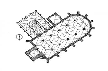 půdorys kostela ( © B. Samek: Umělecké památky Moravy a Slezska, část 1. [A/I], Academia, Praha 1994)