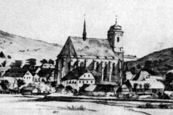 kostel před přístavbou hrobky, Fr. Richter, 1824 ( © Vratislav Nejedlý: Památková péče na Moravě I. (50. - 70. léta 19. století), Umění 31; Ústav teorie a dějin umění ČSAV, Praha 1983)