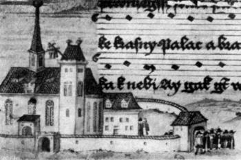 kostel na iluminaci z Dačického graduálu ( © Antonín Bartušek: Původní podoba středověkého kostela sv. Vavřince v Dačicích před přestavbou z let 1775-88, Umění IX-1, Ustav Dějin umění ČSAV, Praha 1961)
