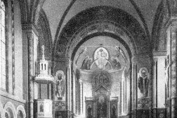 pohled do presbytáře na počátku 20. století (© Antonín Podlaha: Posvátná místa království Českého; Díl 1. Vikariáty: Českobrodský, Černokostelecký, Mnichovický a Prosecký, Dědictví sv. Jana Nepomuckého, Praha 1907)