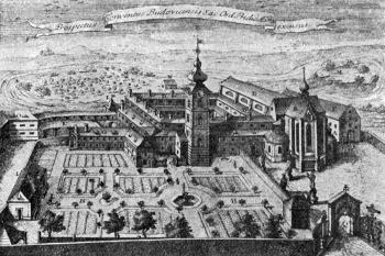 klášter od východu, 1774 ( © F. J. Prokisch, 1774 (in V. Denkstein, F. Matouš: České Budějovice ve starých pohledech, Městské museum v Č. Budějovicích, 1934))