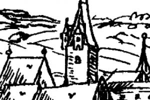 věž na výřezu z veduty Jana Willenberga z r. 1602 ( © in Daniel Kovář: Královská pevnost na jihu Čech. Z minulosti českobudějovických hradeb, Historicko - vlastivědný spolek v Českých Budějovicích, 2006)