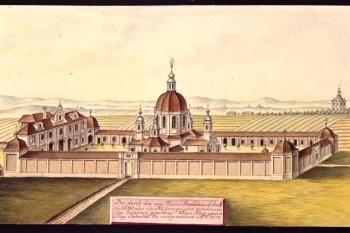 Kostel Panny Marie Vítězné na Bílé hoře na vedutě I.A.Venuta z r. 1813 (© Ing. Karel Kubín, 09/2017)