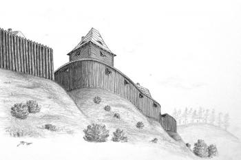 Hypotetická podoba tvrze dle J. P. Štěpánka (© Šlechtická sídla na Frýdecko - Místecku (J. Tichánek, J. P. Štěpánek a kolektiv, 2006))