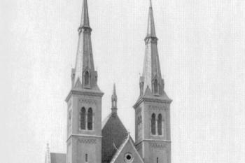 Pohled na kostel z hlavního náměstí S. Čecha. ( © Zrození velkoměsta: J. Vybíral, ERA, Šlapanice 2003)