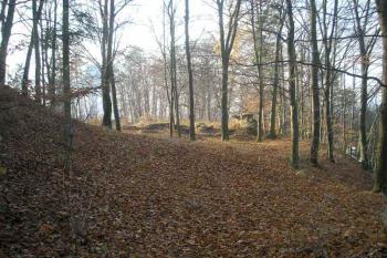nalevo skalnatý hřeben-štítová hradba a v pozadí zástavba v severní části ostrožny ( © Ondřej Štěpánek 11/2006)