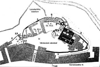 Schéma archeologických a stavebně historických zjištění v půdoryse Olomouckého hradu ( © Města a městečka v Čechách na Moravě a ve Slezsku (K. Kuča))