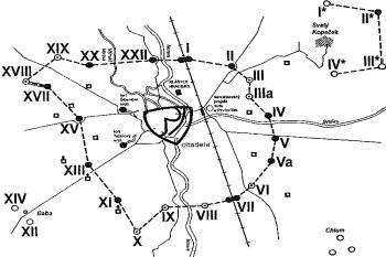 konečný plán Olomoucké pevnosti s vybudovanými i plánovanými forty ( © Města a městečka (K. Kuča))
