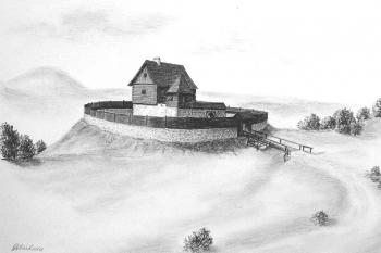 Hypotetický pohled na středověkou podobu hrádku dle J. P. Štěpánka (© Jan P. Štěpánek 2006)