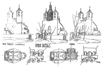 Nákresy z cedule u kostela ( © Ing arch. Josef Švastal DrSc techn.)