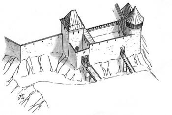 rekonstrukce možné podoby první stavební fáze hradu z počátku 15. století za Jana Tovačovského z Cimburka ( © Jan P. Štěpánek 2008)