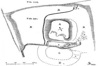 Plánek tvrziště dle G. Stumpfa z r. 1923 ( © Šlechtická sídla na Novojičínsku (J. Tichánek a kol., 2003))