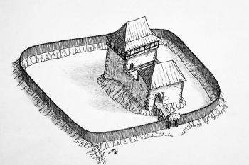 Axonometrický pohled na možnou podobu středověké tvrze dle J. P. Štěpánka (© Jan P. Štěpánek 2006)