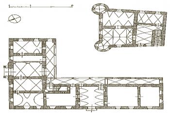 Starý a nový zámek - půdorys přízemí. (B.Samek,Umělecké památky Moravy a Slezka 2 J-N, Academia, 1999, str. 394, obr. 175)