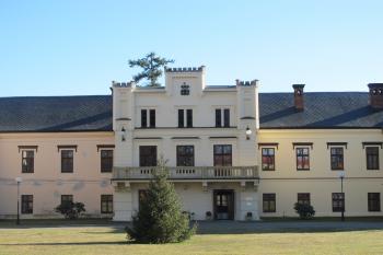 Poměrně hodně vystupující rizalit s balkonem a bočními věžičkami ( © Dušan Dohňanský 03/2020)