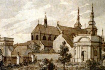 klášterní kostel od severovýchodu na počátku 19. století ( © G.M. Monsorno (1768-1836) (in Z. Vácha: Nedoceněný pramen poznání jihomoravských památek, Zprávy památkové péče LXIV, Národní památkový ústav, Praha 2004))