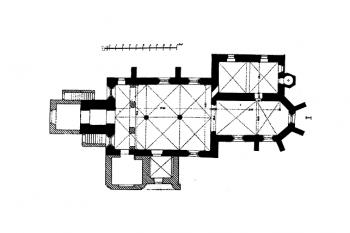 půdorys kostela (© A. Prokop : Die Markgrafschaft Mähren in kunstgeschichtlichen Beziehung, Band I-IV, R.  Spies & Co. Verlag, Wien 1904)