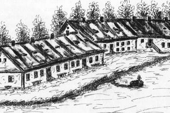 Idealistická kresebná rekonstrukce nádvorní strany zaniklého zámku. (© F. Musil, M. Plaček, J. Úlovec: Zaniklé hrady, zámky a tvrze Čech, Moravy a Slezska po roce 1945, Libri, Praha 2005)