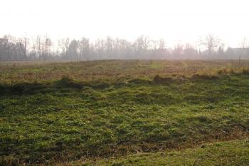 Takřka horizontální pohled od severu, kdy jasně vyniká pahorek jádra tvrze ( © Jan P. Štěpánek 11/2006)