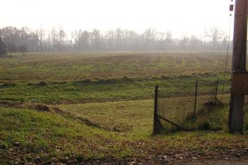 Pohled od kostela na pole s dnes již takřka neznatelným tvrzištěm ( © Jan P. Štěpánek 11/2006)