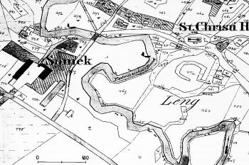 Situace terénních pozůstatků a náznaků tvrziště dle Jana P. Štěpánka ( © archiv Jiřího Tichánka)