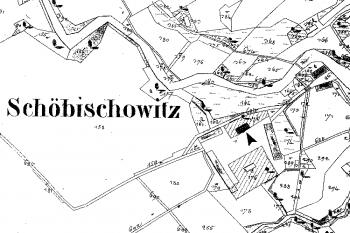 šipka ukazuje zámek na staré mapě stabilního katastru ( © Jan P. Štěpánek 07/2005)