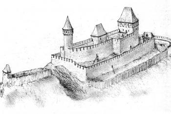 Pokus o rekonstrukci pro dobu kolem roku 1400 - 1. svazek vlastivědných průvodců „Putujeme po hradech a zámcích“  (vydalo a vyrobilo nakladatelství a tiskárna Beatris, Dobrá – Dotisk třetího vydání, prosinec 2004) ( © Rostislav Vojkovský)