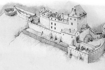 Pokus o rekonstrukci hradu, jak asi vypadal mezi lety 1600–1650 (pohled k jihozápadu) - 1. svazek vlastivědných průvodců „Putujeme po hradech a zámcích“  (vydalo a vyrobilo nakladatelství a tiskárna Beatris, Dobrá – Dotisk třetího vydání, prosinec 2004) ( © Rostislav Vojkovský)