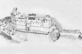 Pokus o rekonstrukci hradu, jak asi vypadal mezi lety 1600–1650 (pohled k severovýchodu) - 1. svazek vlastivědných průvodců „Putujeme po hradech a zámcích“  (vydalo a vyrobilo nakladatelství a tiskárna Beatris, Dobrá – Dotisk třetího vydání, prosinec 2004 ( © Rostislav Vojkovský)