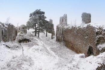 celkový pohled na hradní jádro z místa čelní válcové věže přes nádvoří  ( © Jan P. Štěpánek 01/2008)