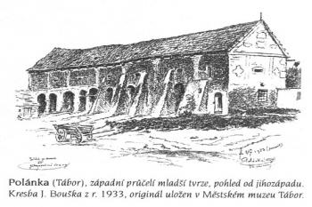 Vzhled tvrze v roce 1933 (Encyklopedie českých tvrzí, II. díl, s. 590 (Kresba J. Bouška))