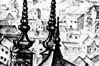 hrobka ještě v podobě dvouvěžového barokního kostela na výřezu z veduty neznámého autora (po pol. 18. stol.) ( © kol: Umění baroka na Moravě a ve Slezsku, Academia, Praha 1996)