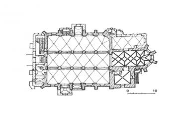 půdorys kostela ( © B. Samek: Umělecké památky Moravy a Slezska, část 2. [J/N], Academia, Praha 1999)