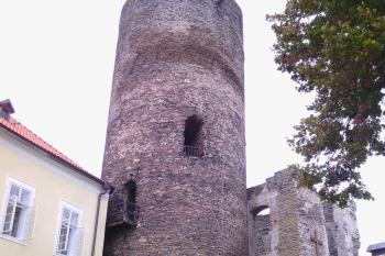 Bergfrit z nádvoří, stojí na nejvyšším místě, neobsahuje otvory (jako mnoho našich věží) po samonosném lešení, patrně bylo užito lešení štenýřového (© Jan Večeřa, 03/2015)