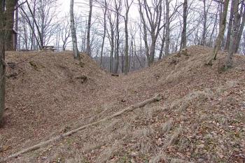 Část příkopu mezi jádrem a přístupovou šíjí ( © Roman Řezáč 03/2005)