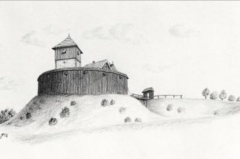 Hypotetický pohled na lokalitu tvrze v Bašce ( © Jan P. Štěpánek 02/2006, Šlechtická sídla na Frýdecko - Místecku (J. Tichánek a kolektiv))