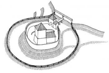 rekonstrukce hypotetické podoby tvrze ( © Jan P. Štěpánek 02/2006, Šlechtická sídla na Frýdecko - Místecku (J. Tichánek a kolektiv))