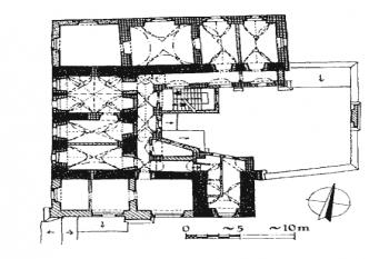 půdorys 1. patra podle Ladislava Svobody ( ©  J. Slavík, L. Svoboda - Ke stavební podobě hrádků a tvrzí na Strakonicku, Castellologica bohemica 5, Praha 1996))