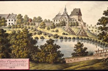 Chvalkovice na obr. J. A. Venuta z roku 1818 (©  J. A. Venuto, 1818)