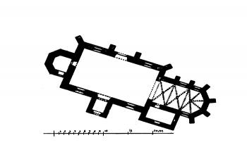 půdorys kostela ( © Karel Chytil: Soupis památek historických a uměleckých v Království Českém, sv. 11 Politický okres chrudimský, Archaelogická komise při České akademii císaře Františka Josefa pro vědy, slovesnost a umění, Praha 1900)