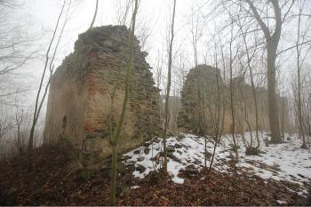Areál za zámkem na kopci obehnaný rozpadlou zdí- Zřejmě zámecká zahrada. (© Luděk Vláčil, 02/2015)