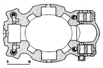 půdorys kostela ( © Umělecké památky Moravy a Slezska, část 1 [A-I], Academia, Praha 1994)