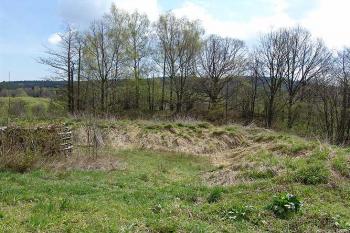 Pohled na hrádek přes zanesený čelní příkop od východu ( © Roman Řezáč 05/2005)