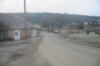 pohled od severu na cestu,lemující západní okraj tvrziště,které se nachází vlevo (© D Dohňanský, 01/2016)