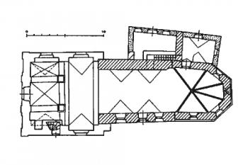 půdorys kostela ( © Umělecké památky Moravy a Slezska, část 2 [J-N], Academia, Praha 1999)