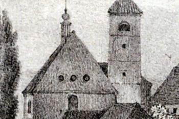 kostel na výřezu z veduty A. F. Kunikeho (© Kristýna Bařinová (ed.): Krajina starých sídel - katalog výstavy, Vědecká knihovna v Olomouci, Olomouc 2015)